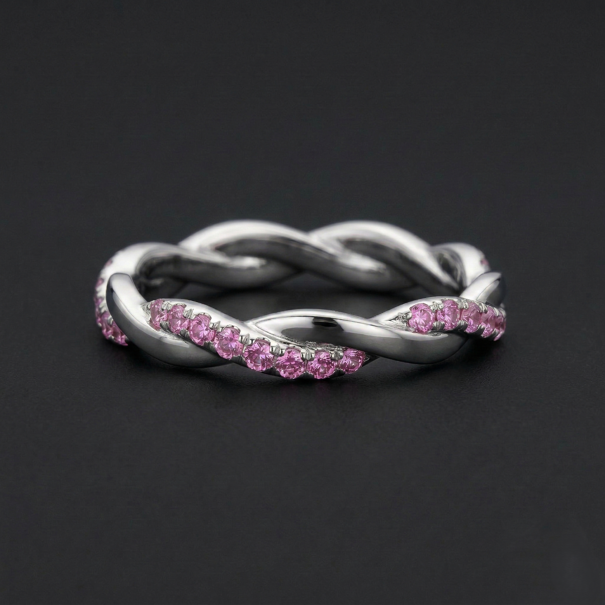 Elegant Twisted Pink Diamond Ring in 9K White Gold, Modern Diamond Band, Women's Wedding Ring, Fine Jewelry Gift