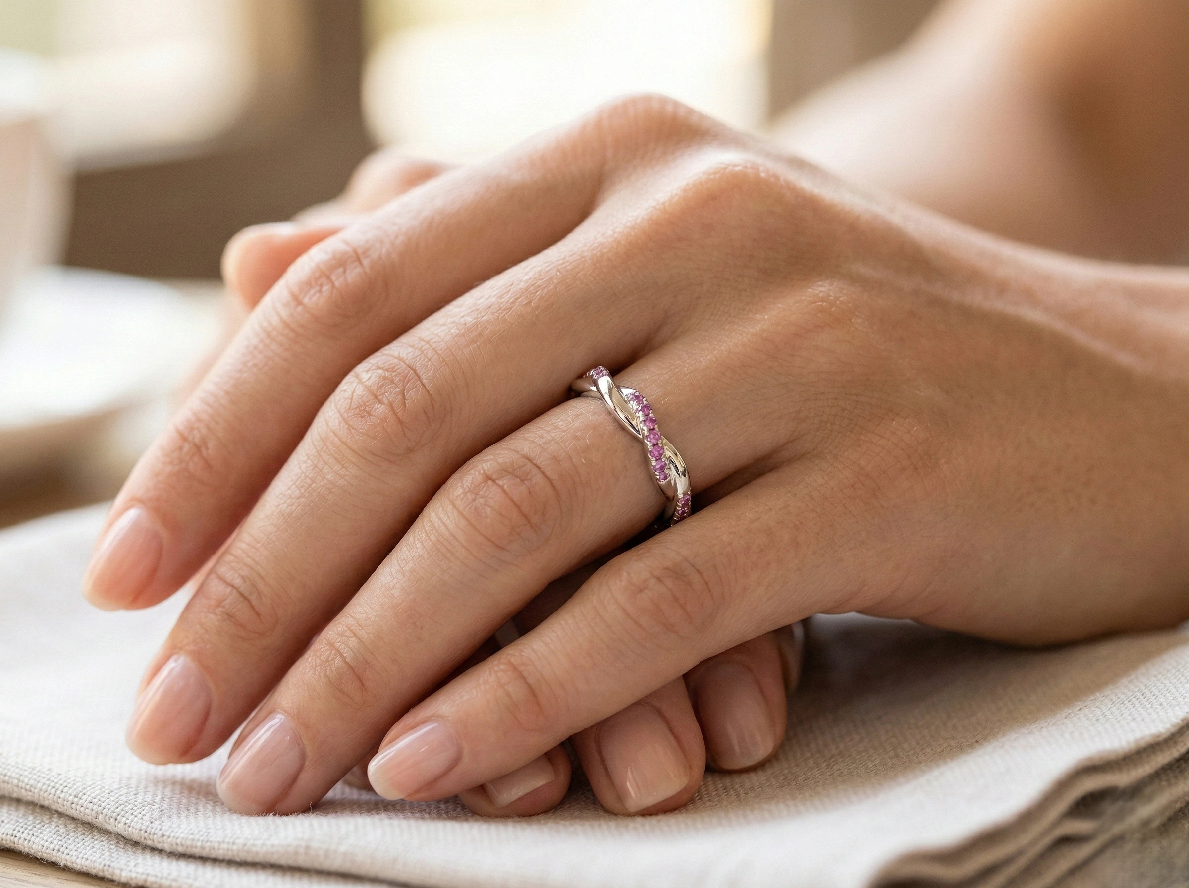 Elegant Twisted Pink Diamond Ring in 9K White Gold, Modern Diamond Band, Women's Wedding Ring, Fine Jewelry Gift view 7
