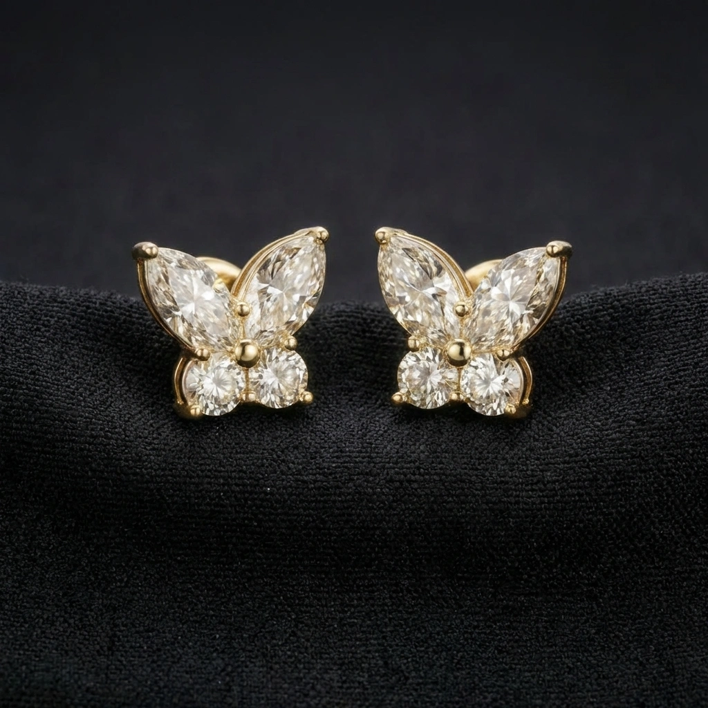 0.38 TCW Diamond Butterfly Stud Earrings | 18KT Yellow Gold | Marquise & Round Cut