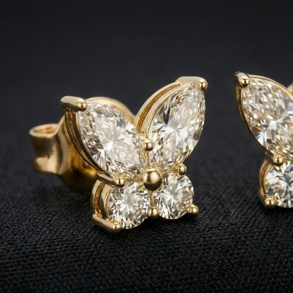0.38 TCW Diamond Butterfly Stud Earrings | 18KT Yellow Gold | Marquise & Round Cut view 3