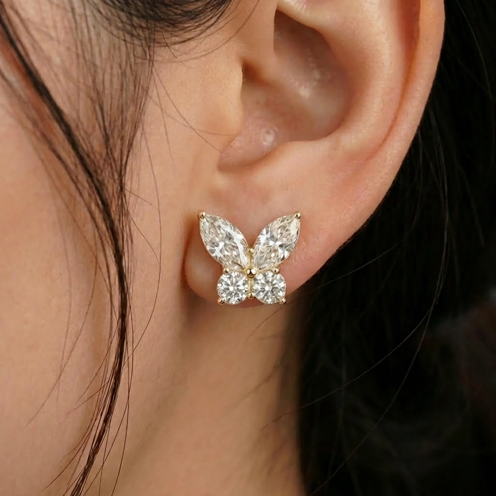 0.38 TCW Diamond Butterfly Stud Earrings | 18KT Yellow Gold | Marquise & Round Cut view 5