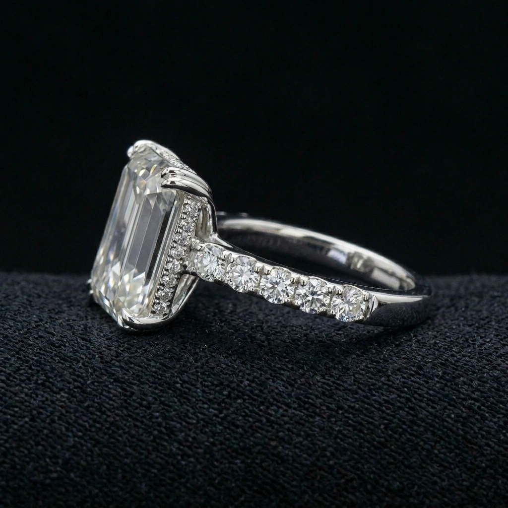 10.30 TCW Emerald Cut Diamond Masterpiece Ring | 8.50 CT IGI Certified | Solid Platinum 950 | 13.2 Grams view 4
