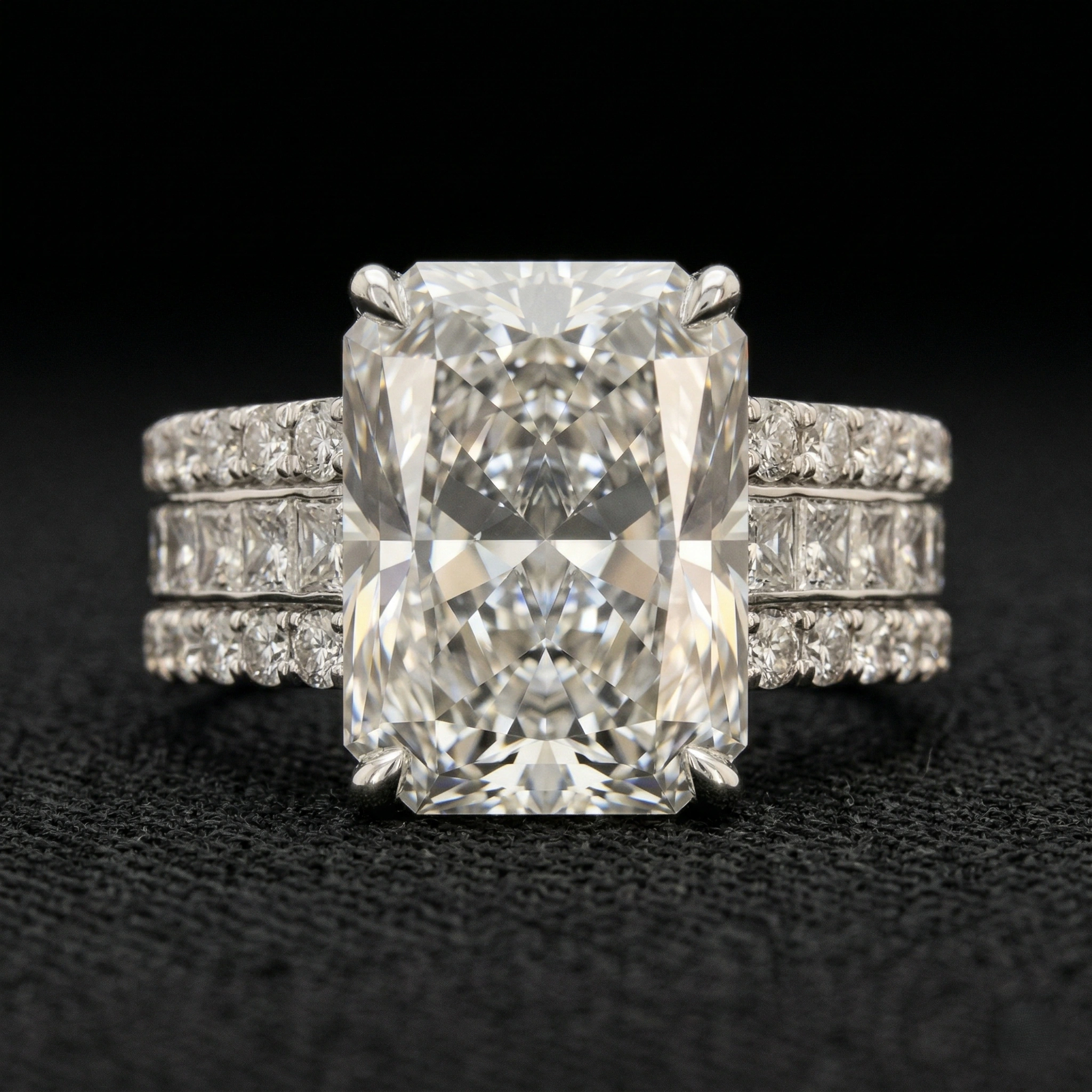 12.37 CT Radiant Cut Solitaire Diamond Ring with Double Diamond Band | Platinum 950