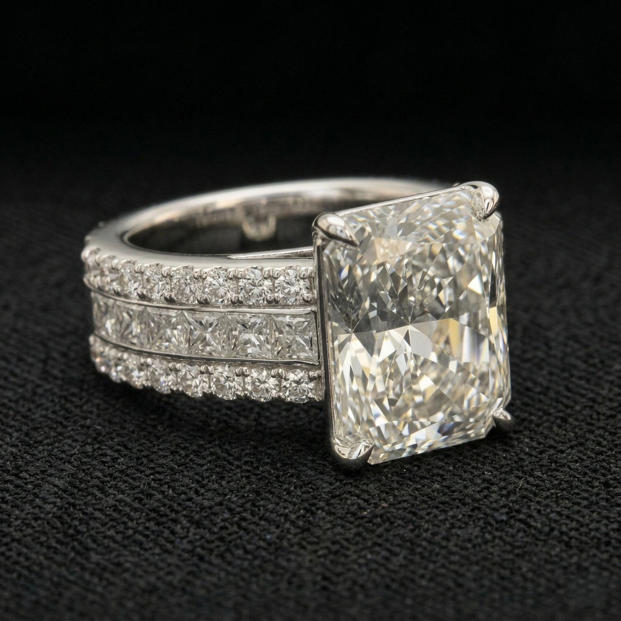 12.37 CT Radiant Cut Solitaire Diamond Ring with Double Diamond Band | Platinum 950 view 3