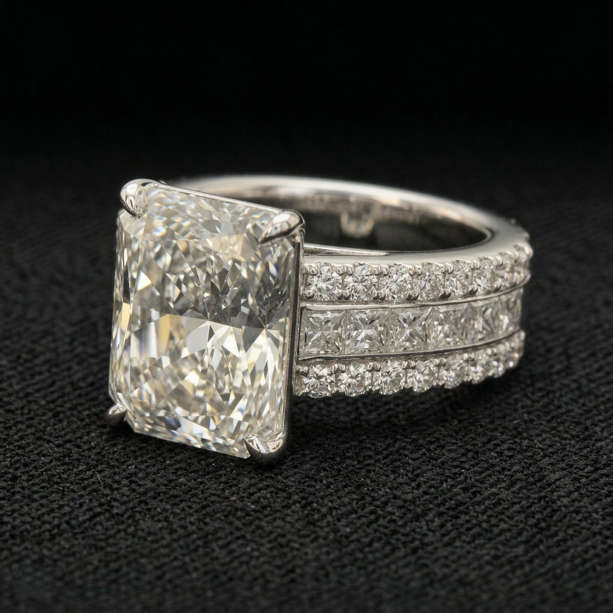 12.37 CT Radiant Cut Solitaire Diamond Ring with Double Diamond Band | Platinum 950 view 4
