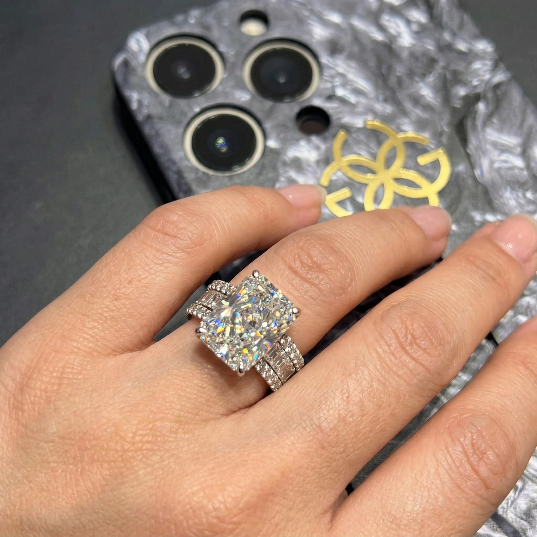 12.37 CT Radiant Cut Solitaire Diamond Ring with Double Diamond Band | Platinum 950 view 5