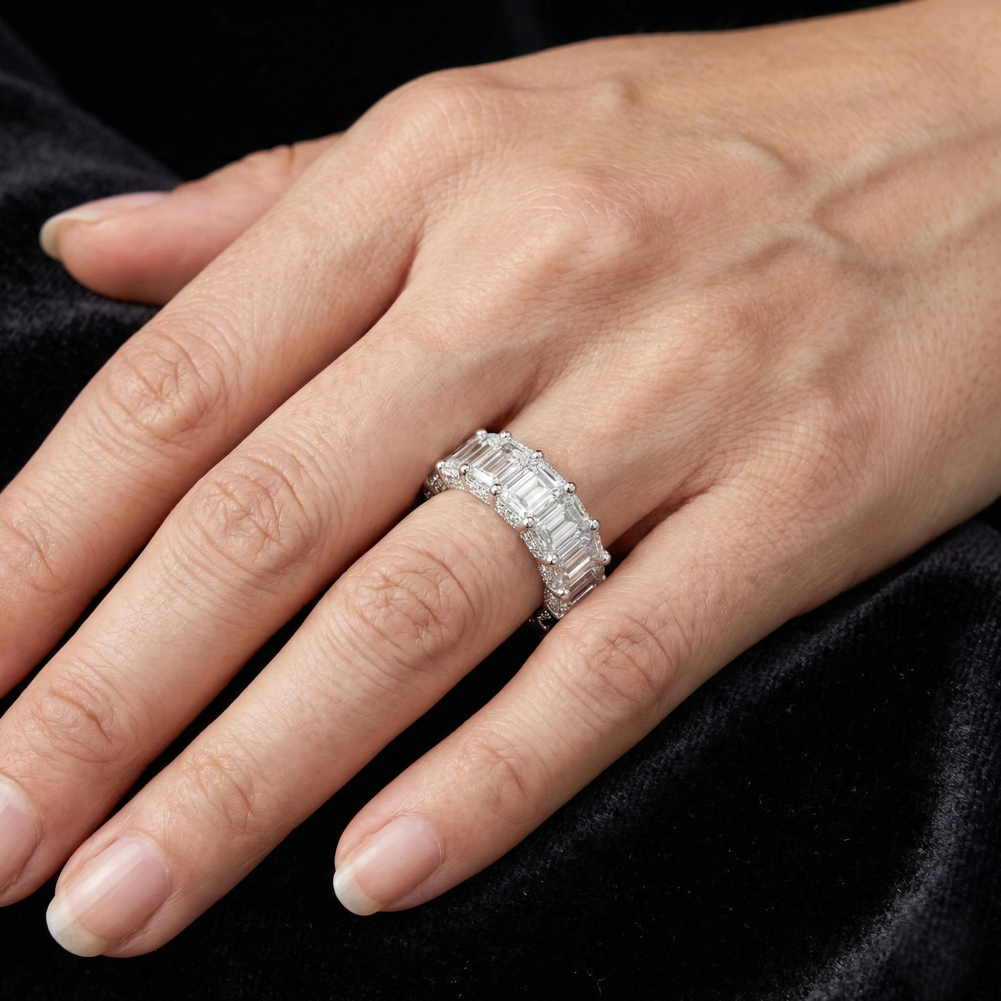 14.9 CT Emerald Cut Halo Eternity Band view 7