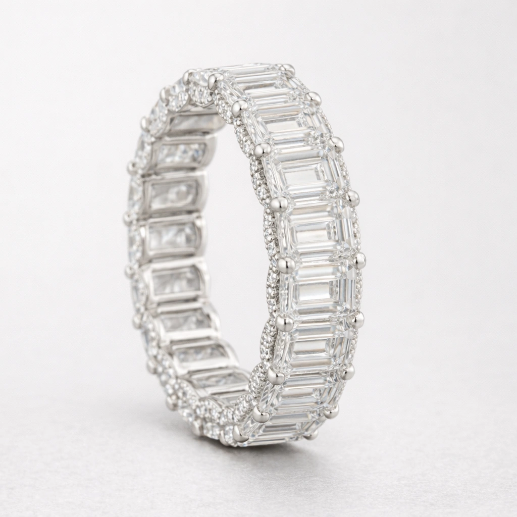 14.9 CT Emerald Cut Halo Eternity Band view 3