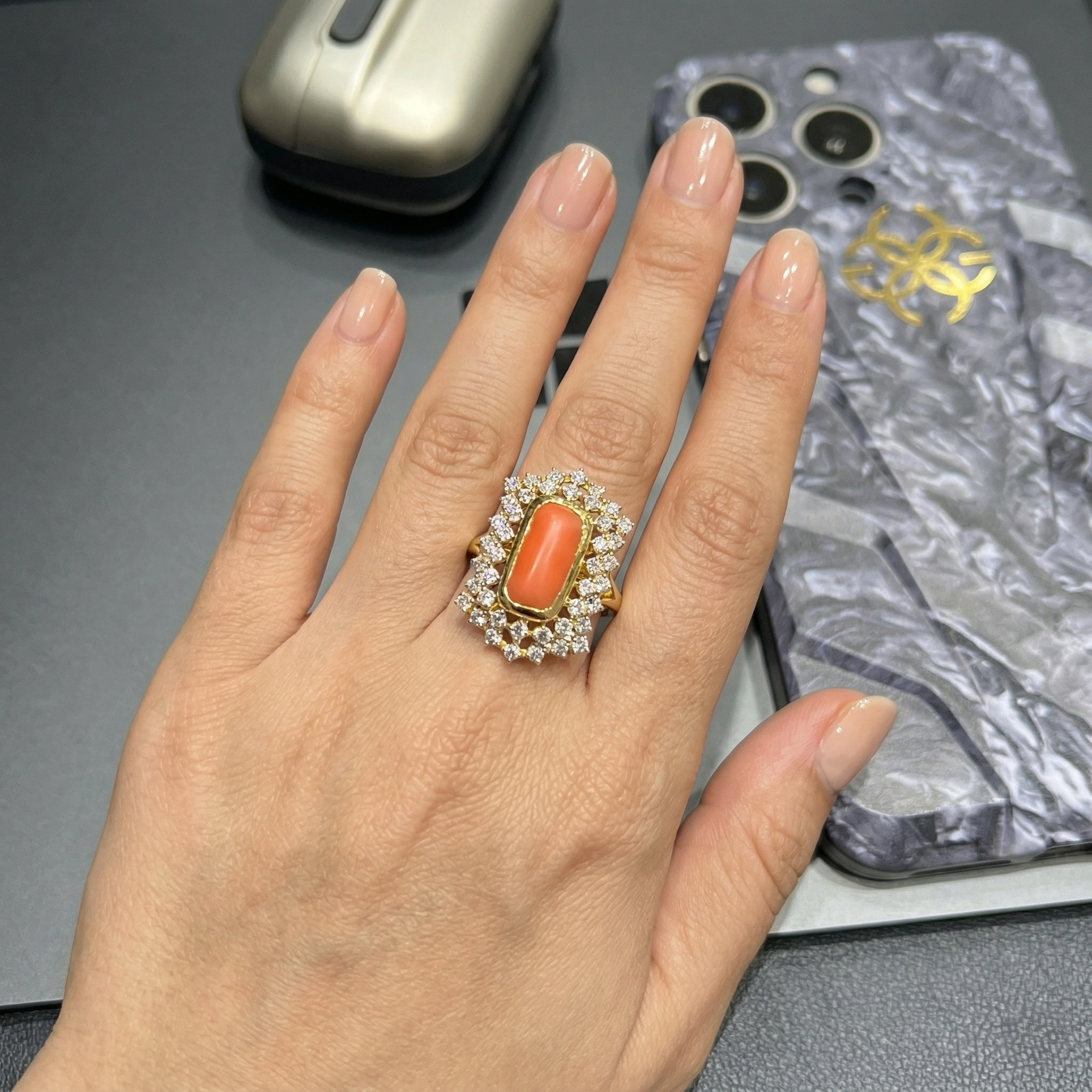 Vintage Coral Cut Natural Diamond Ring | 14K Gold | Round Diamond Halo view 6