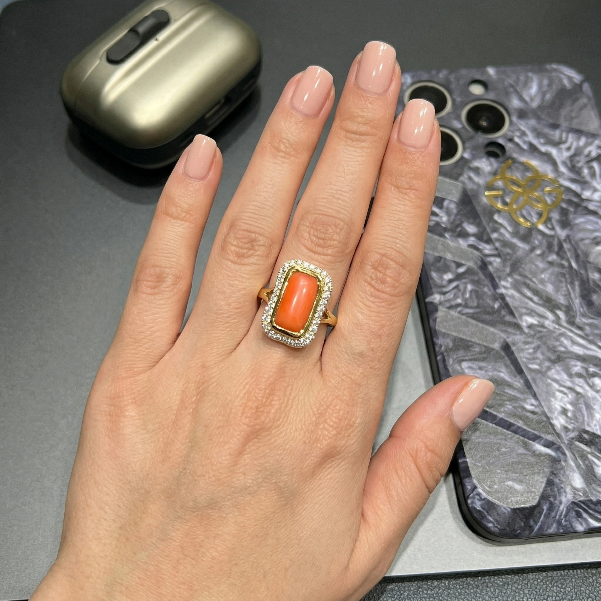 14K Yellow Gold Coral Cut Natural Diamond Ring for Women | 6.39 CT Coral Cocktail Ring with Round Diamond Halo view 6