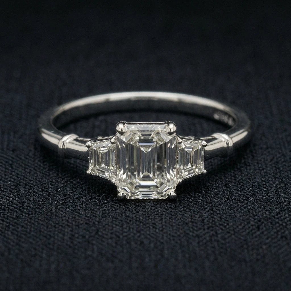 2 CT Emerald Cut Three Stone Diamond Ring in 14K White Gold view 3