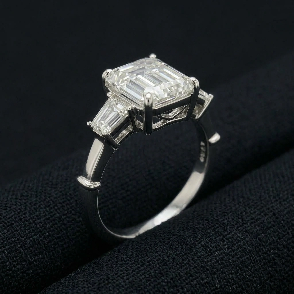 2 CT Emerald Cut Three Stone Diamond Ring in 14K White Gold view 4