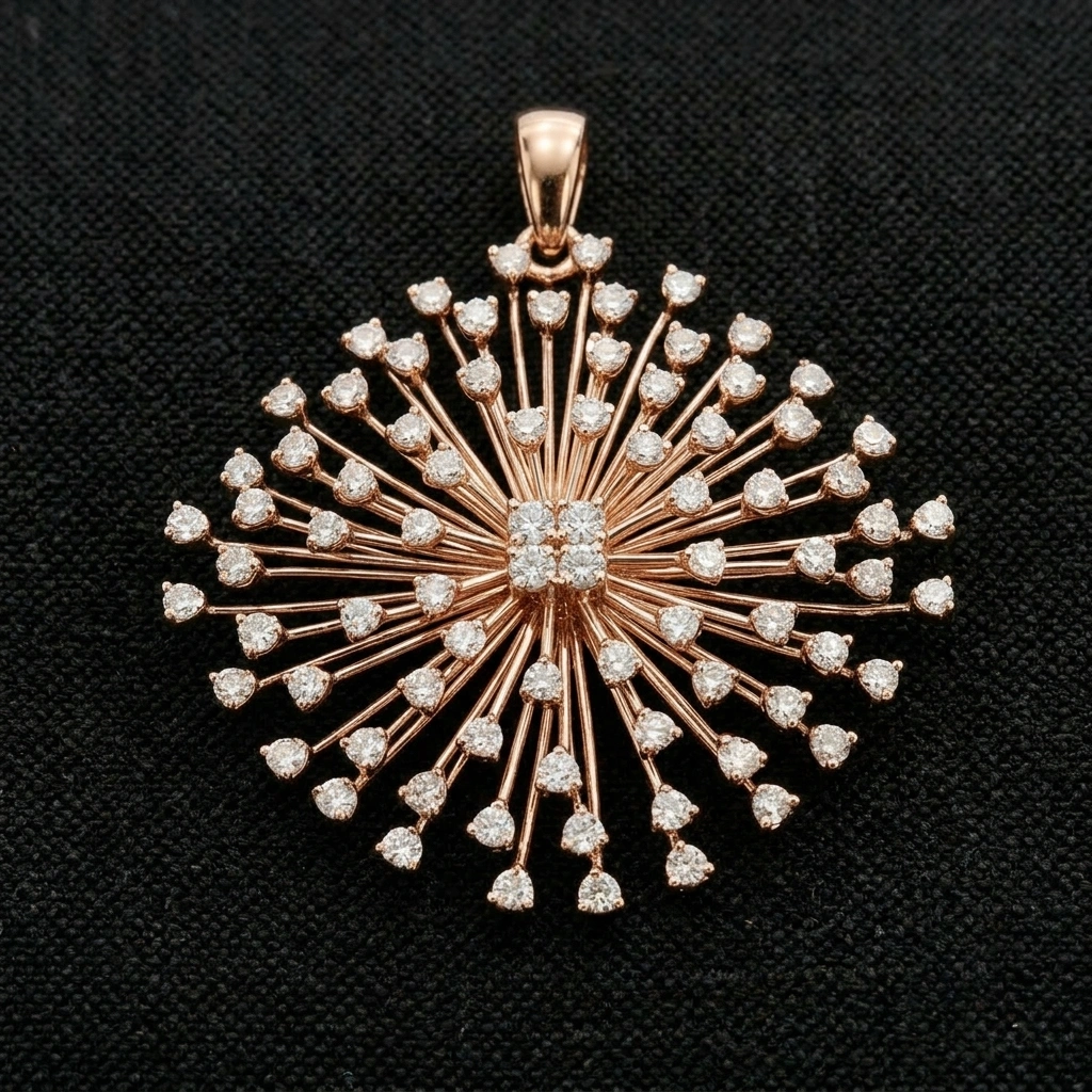 2 CT Round Diamond Starburst Pendant in 14K Rose Gold | Statement Designer Pendant | IGI Certified