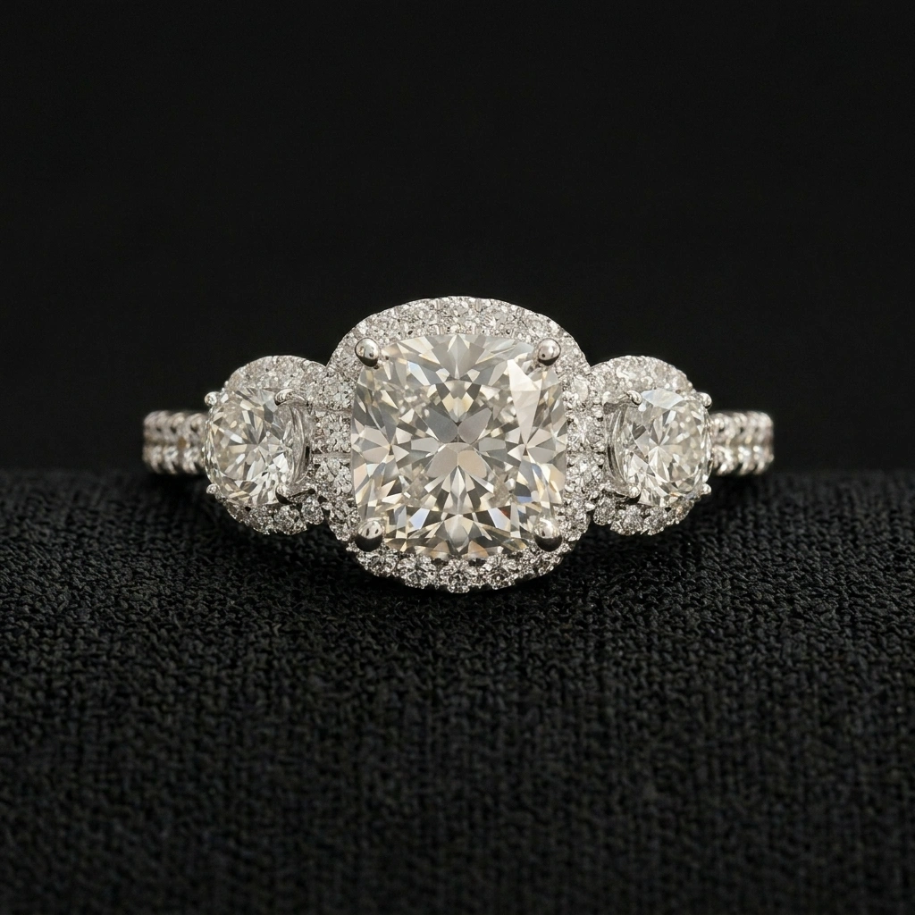 2.04 CT Cushion & Round Diamond Three-Stone Ring in PT950 Platinum