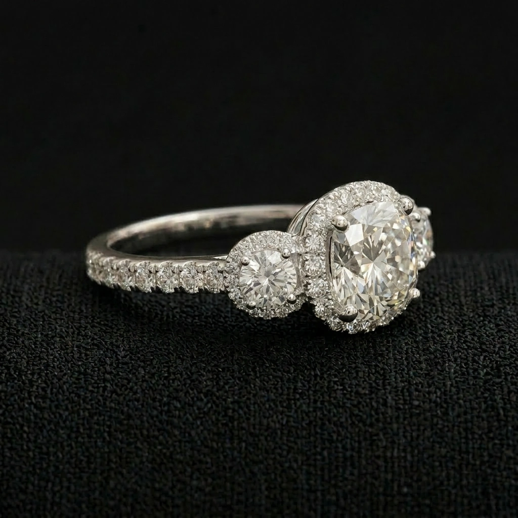 2.04 CT Cushion & Round Diamond Three-Stone Ring in PT950 Platinum view 3