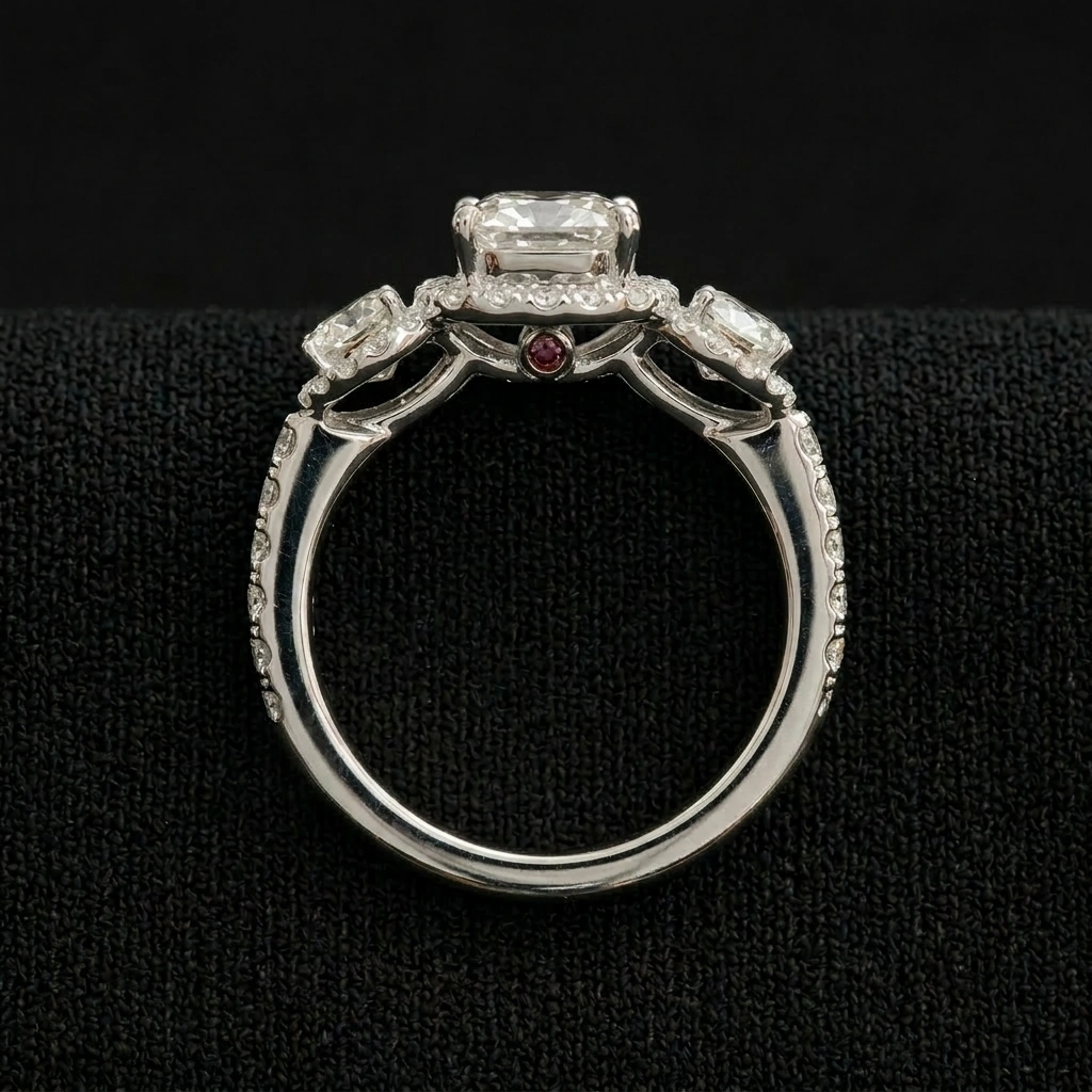 2.04 CT Cushion & Round Diamond Three-Stone Ring in PT950 Platinum view 4