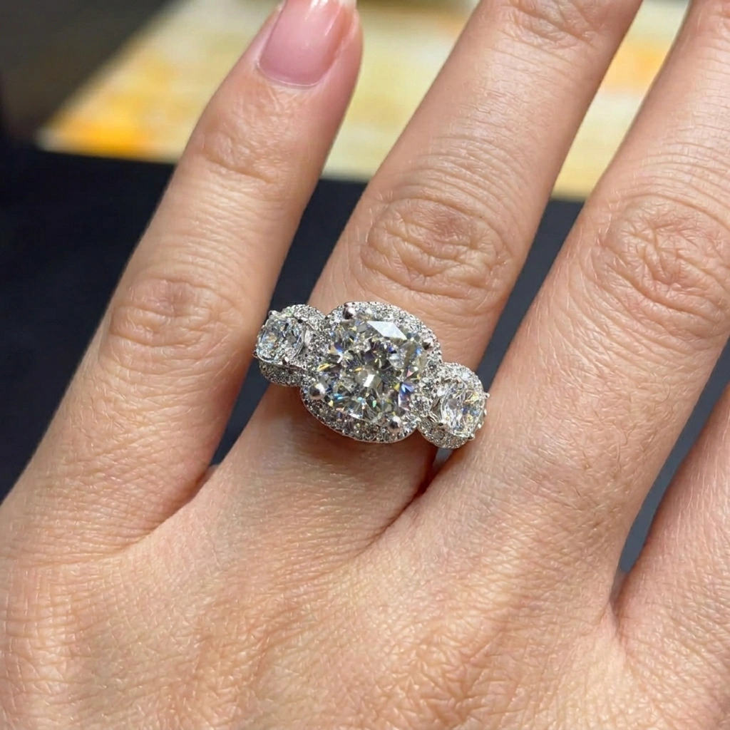 2.04 CT Cushion & Round Diamond Three-Stone Ring in PT950 Platinum view 5