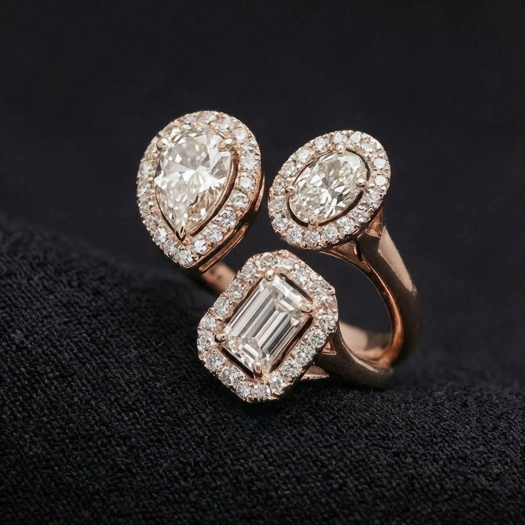 2.09 TCW Multi-Shape Diamond Mosaic Ring | Oval, Pear & Emerald Cuts | 14K Rose Gold view 4