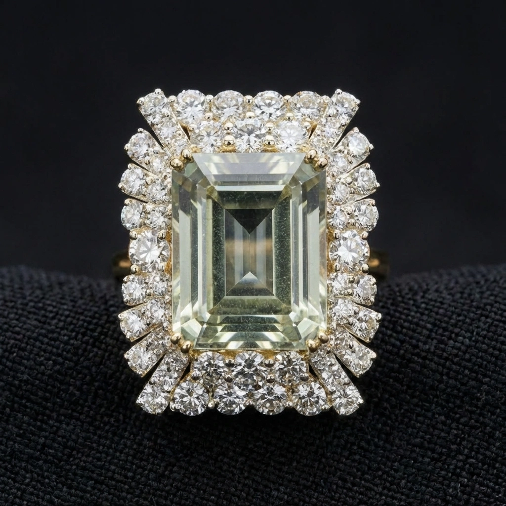 21.50 CT Emerald Cut Yellow Sapphire Ring in 14K Yellow Gold with Diamond Halo