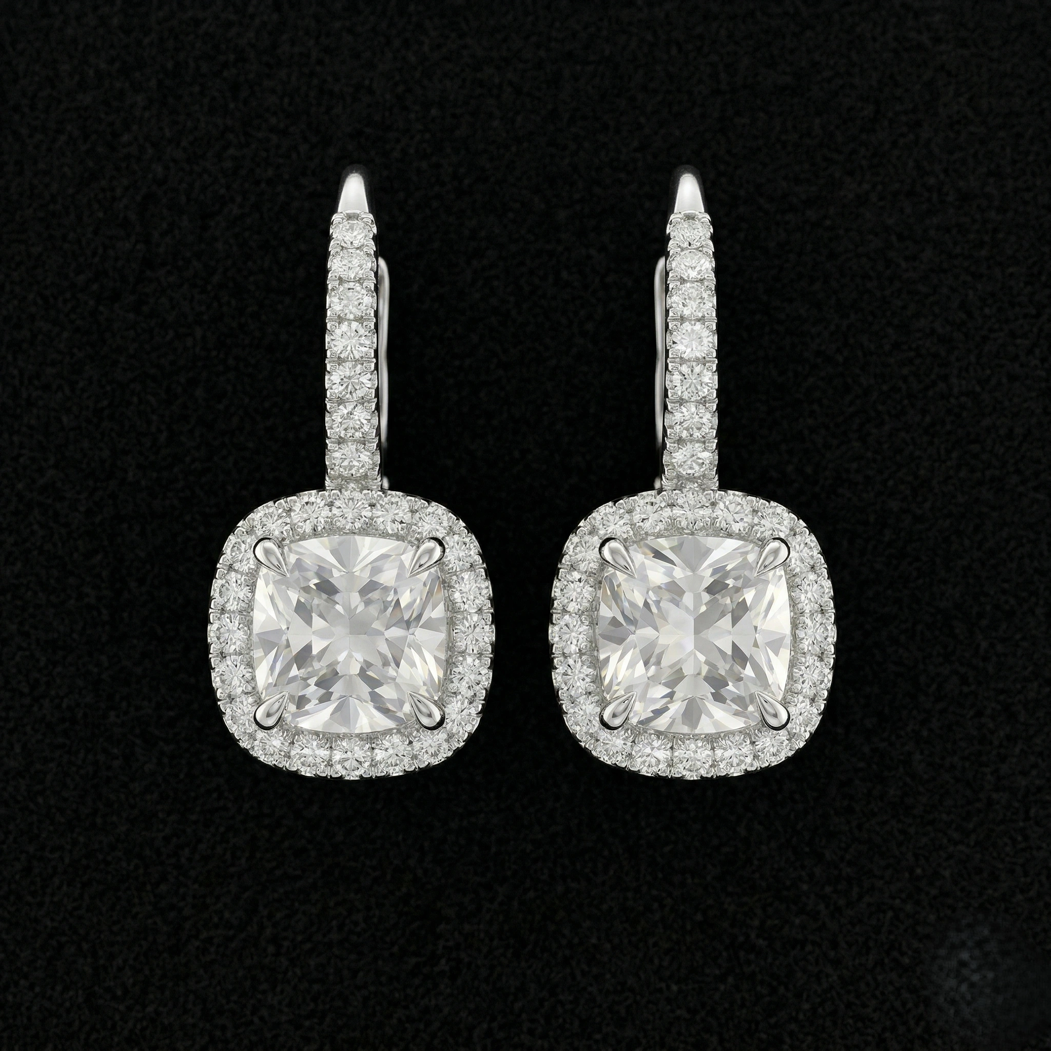 2.20 CT Cushion Cut Halo Diamond Drop Earrings | Platinum 950