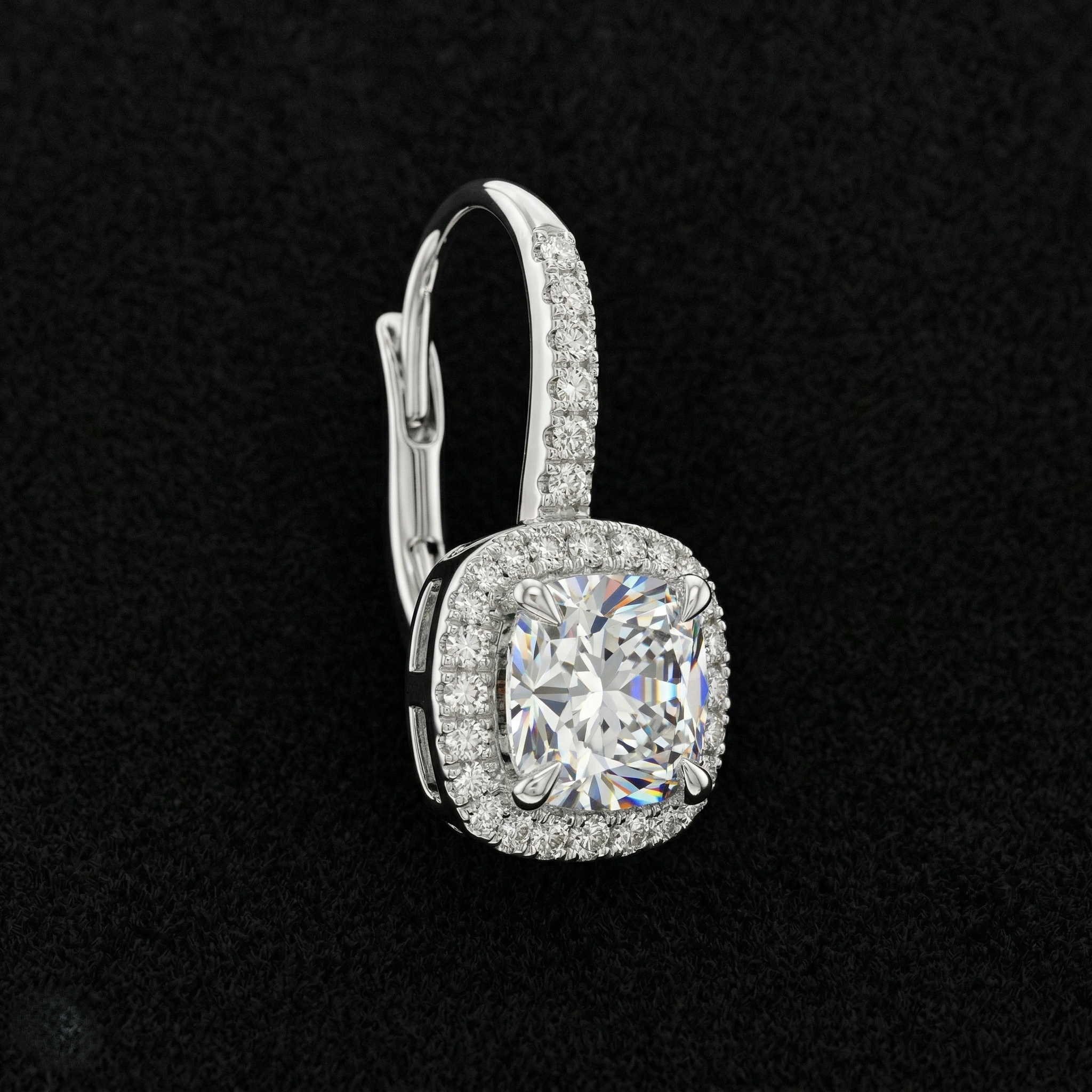 2.20 CT Cushion Cut Halo Diamond Drop Earrings | Platinum 950 view 3