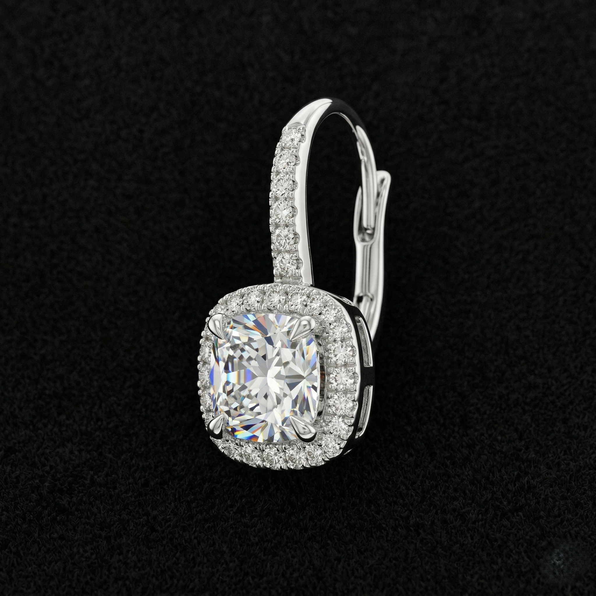 2.20 CT Cushion Cut Halo Diamond Drop Earrings | Platinum 950 view 4