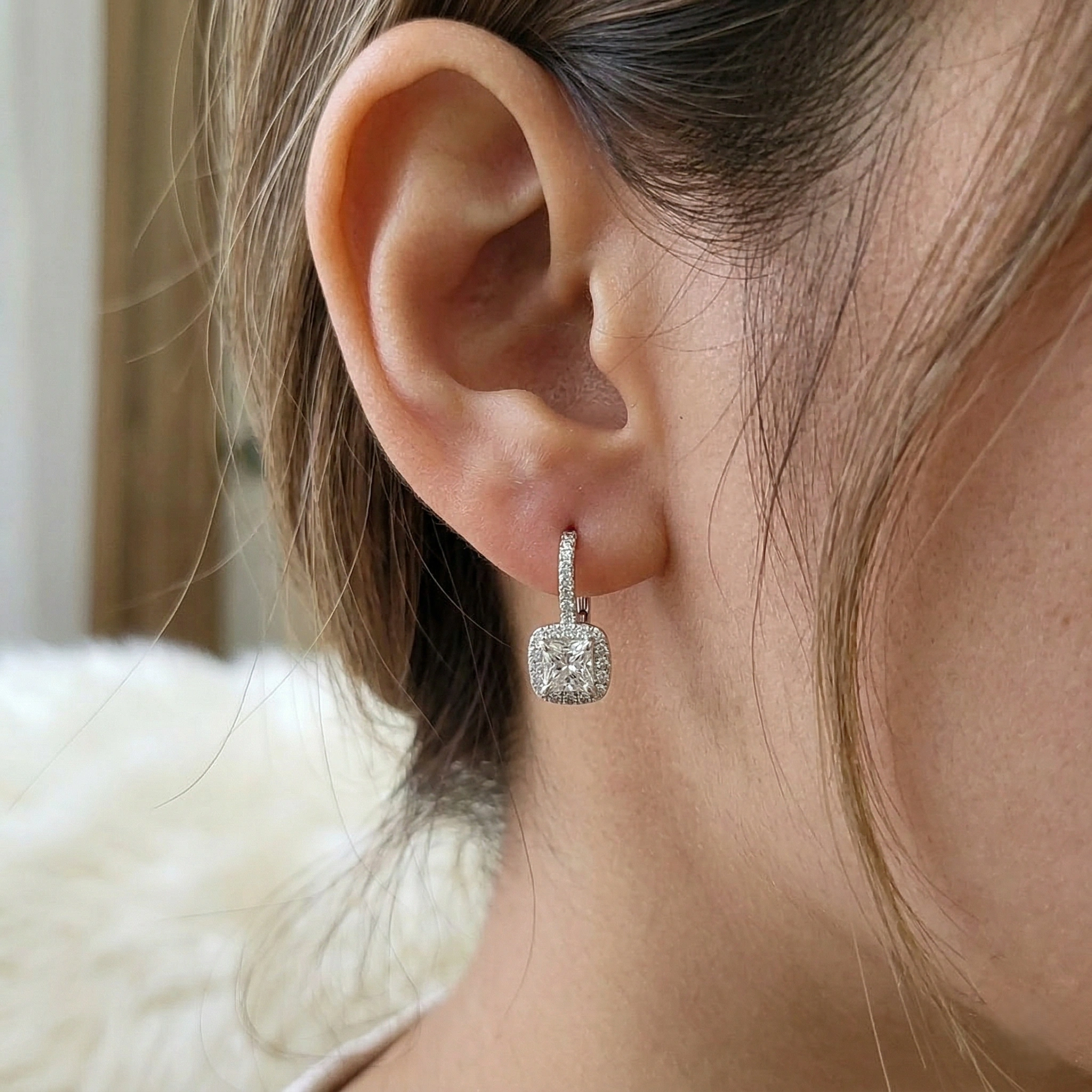 2.20 CT Cushion Cut Halo Diamond Drop Earrings | Platinum 950 view 5