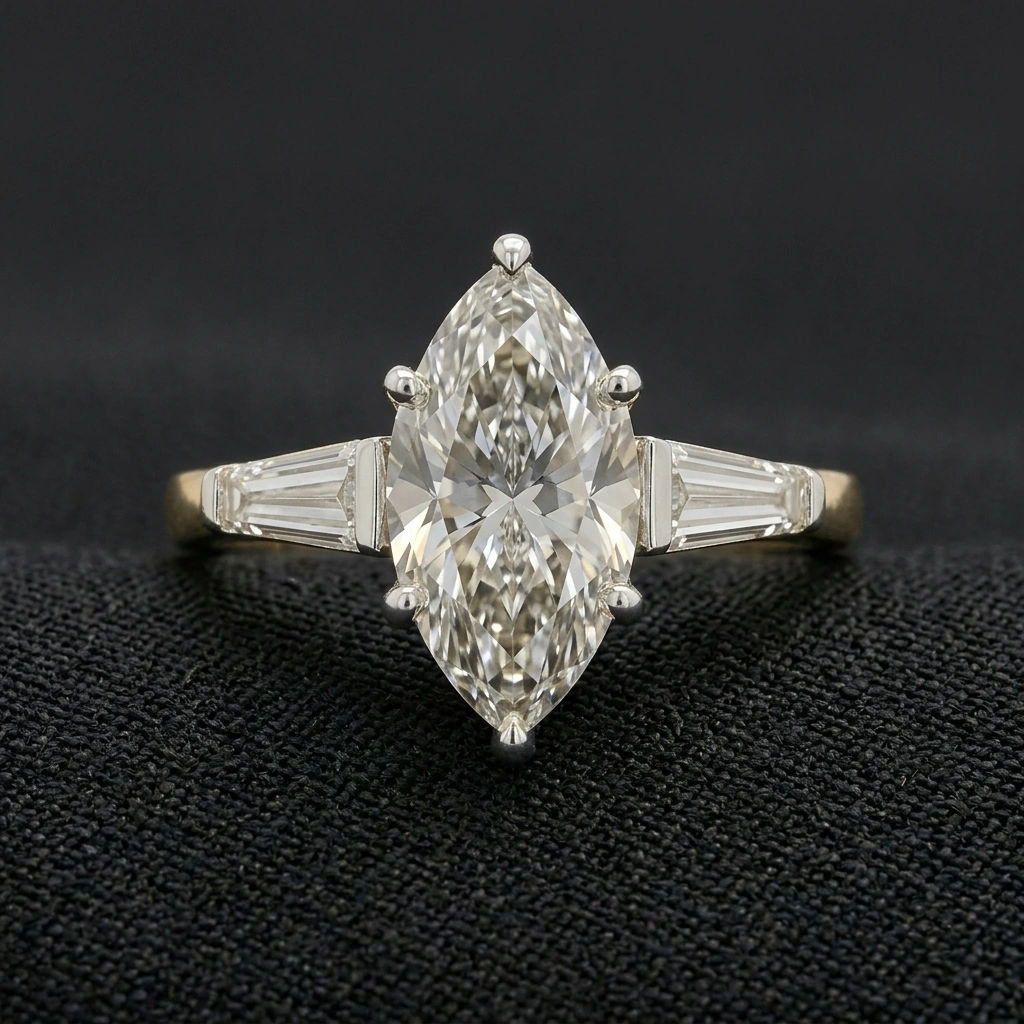 2.35 CT Marquise Diamond Ring with Tapered Side Diamonds in Two-Tone Gold | Marquise Cut Solitaire Engagement Ring
