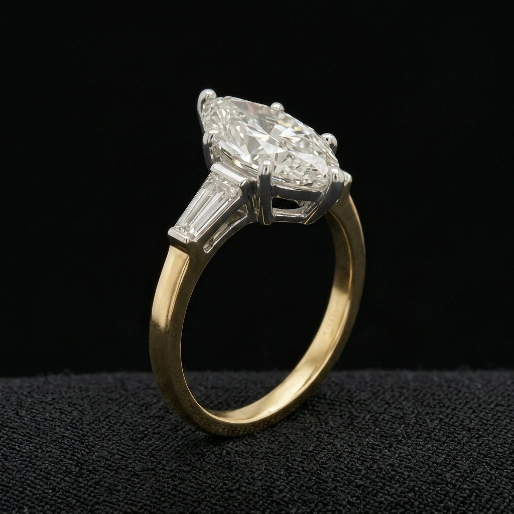 2.35 CT Marquise Diamond Ring with Tapered Side Diamonds in Two-Tone Gold | Marquise Cut Solitaire Engagement Ring view 3