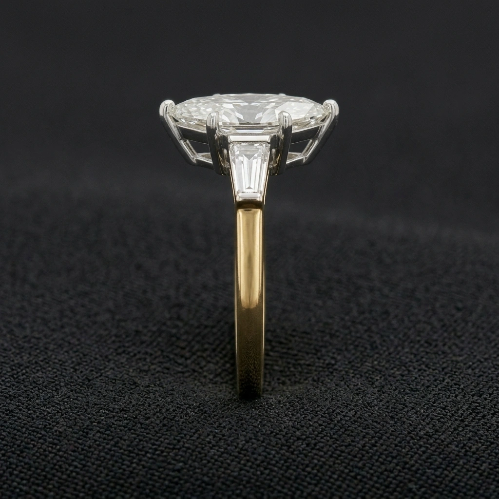 2.35 CT Marquise Diamond Ring with Tapered Side Diamonds in Two-Tone Gold | Marquise Cut Solitaire Engagement Ring view 4