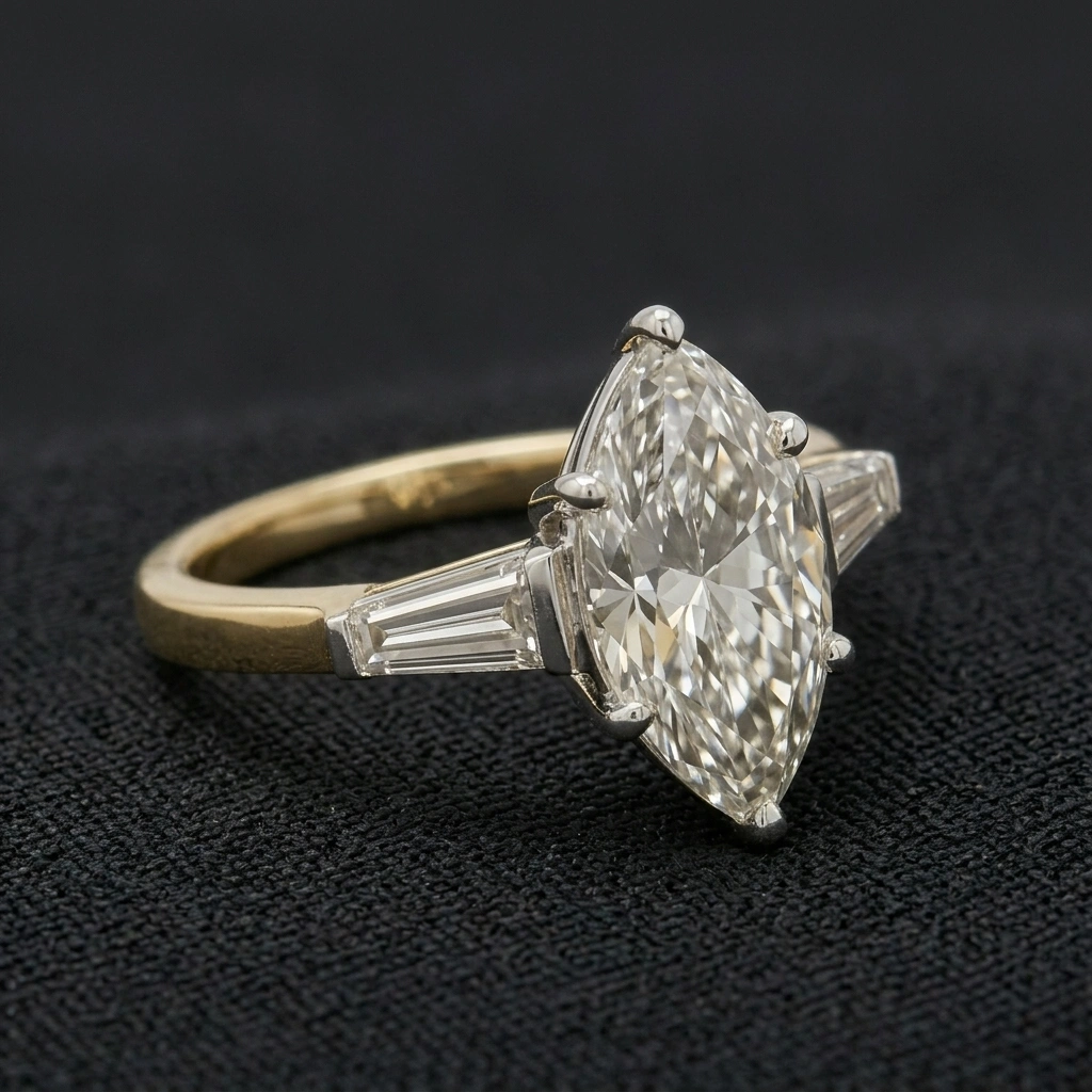 2.35 CT Marquise Diamond Ring with Tapered Side Diamonds in Two-Tone Gold | Marquise Cut Solitaire Engagement Ring view 5