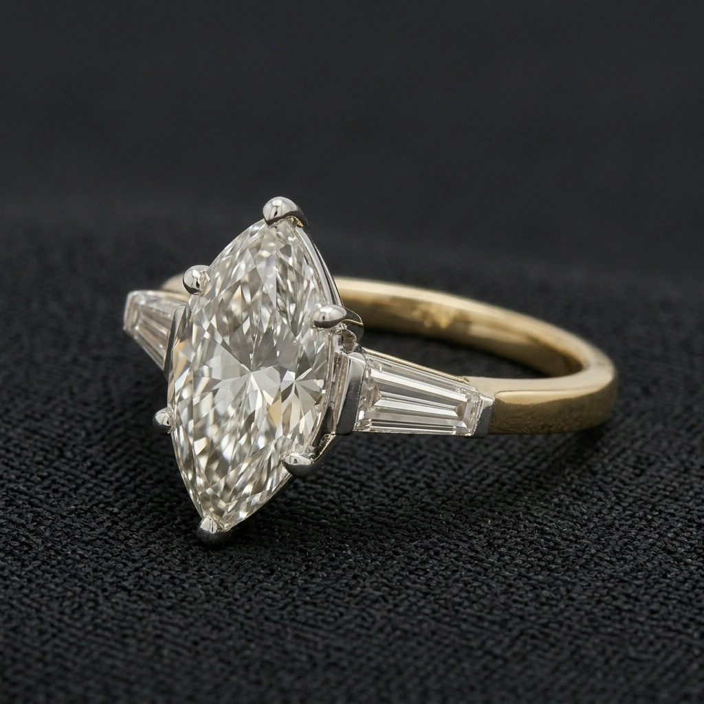 2.35 CT Marquise Diamond Ring with Tapered Side Diamonds in Two-Tone Gold | Marquise Cut Solitaire Engagement Ring view 6