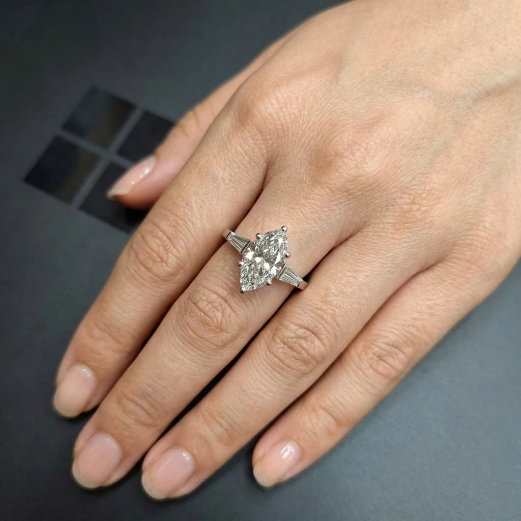 2.35 CT Marquise Diamond Ring with Tapered Side Diamonds in Two-Tone Gold | Marquise Cut Solitaire Engagement Ring view 7