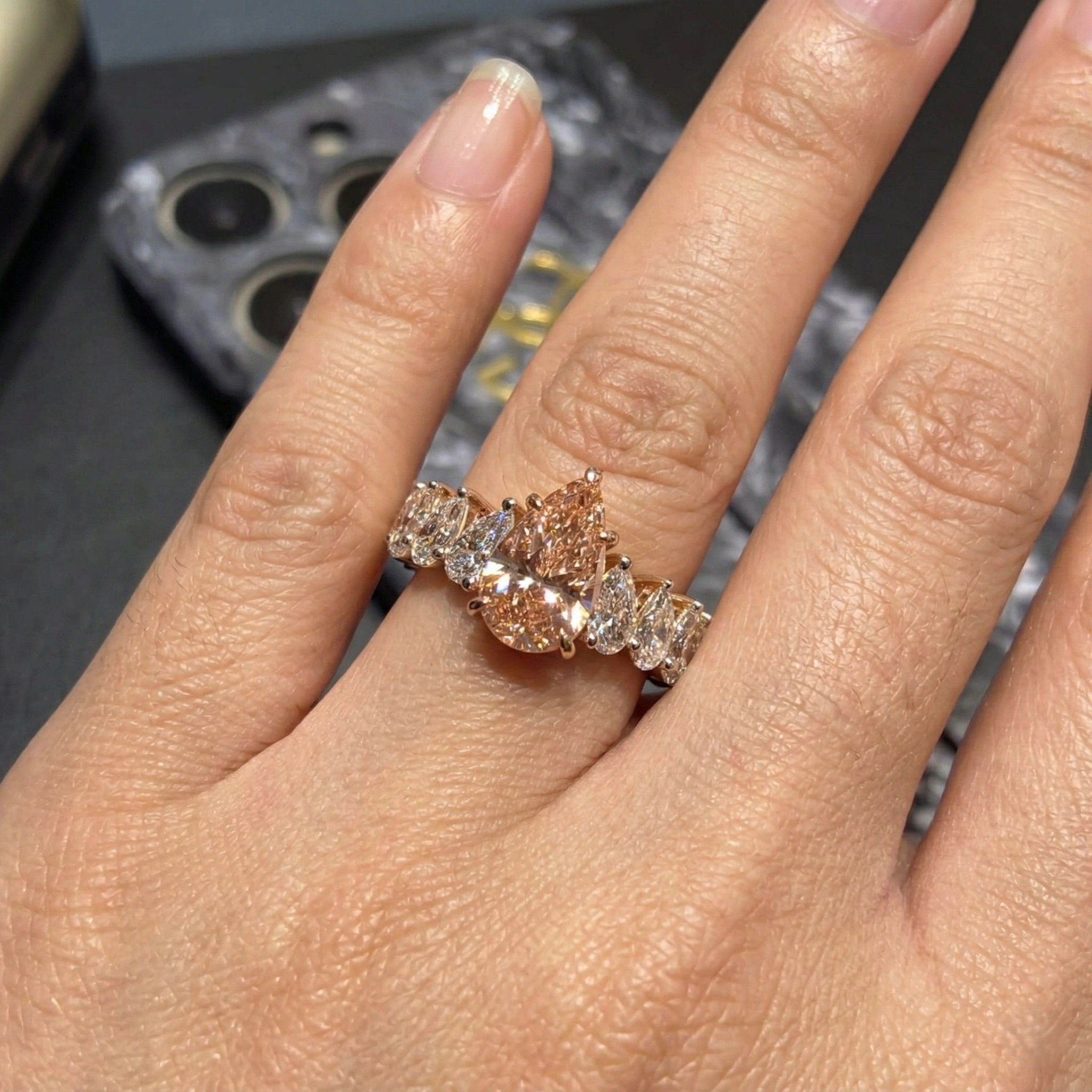 2.50 CT Fancy Pink Pear Diamond Ring with Graduating Pear Band |14KT Rose Gold view 5