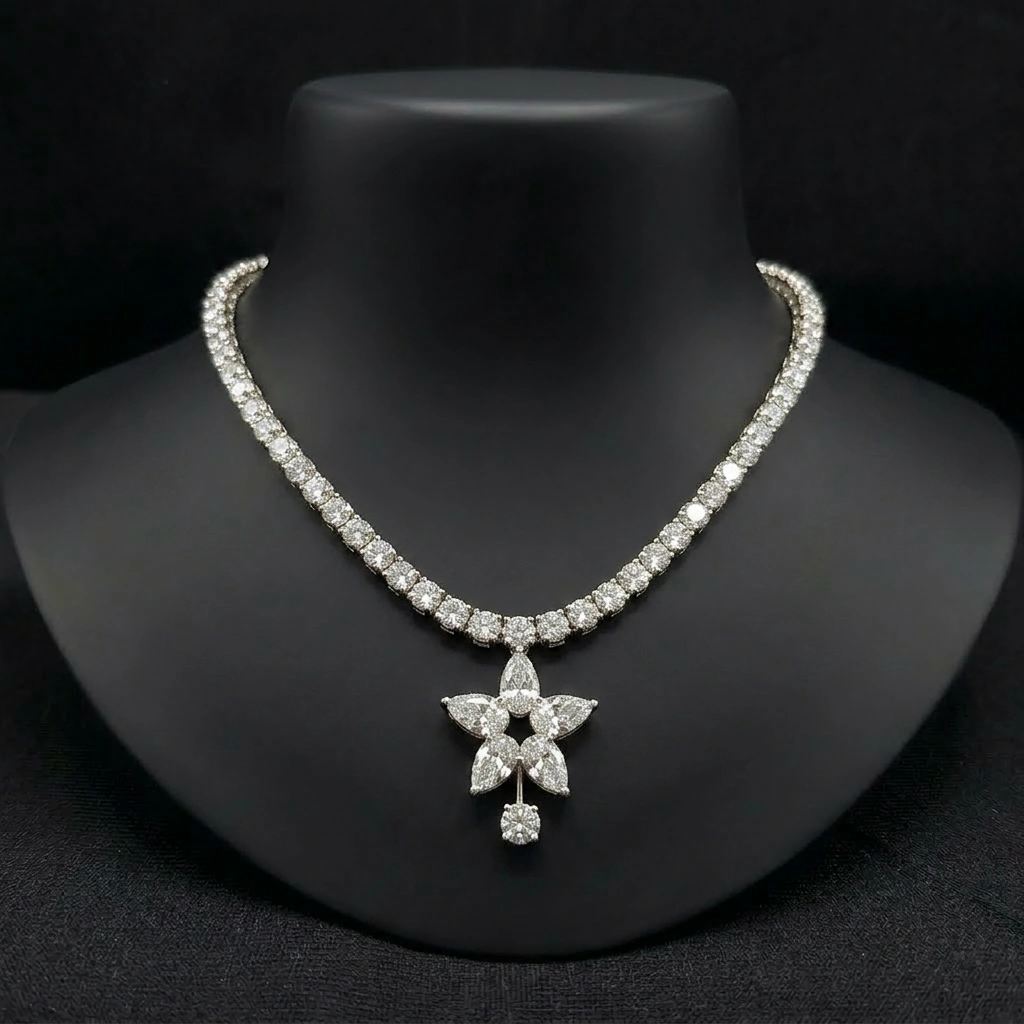 25.18 CT Pear Diamond Flower Necklace in 14kt White Gold | IGI Certified Statement Diamond Necklace