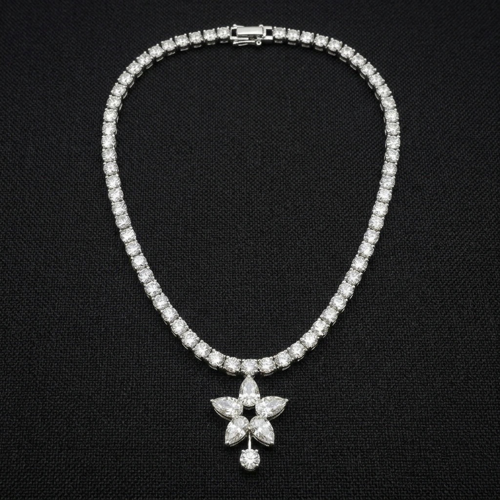 25.18 CT Pear Diamond Flower Necklace in 14kt White Gold | IGI Certified Statement Diamond Necklace view 4