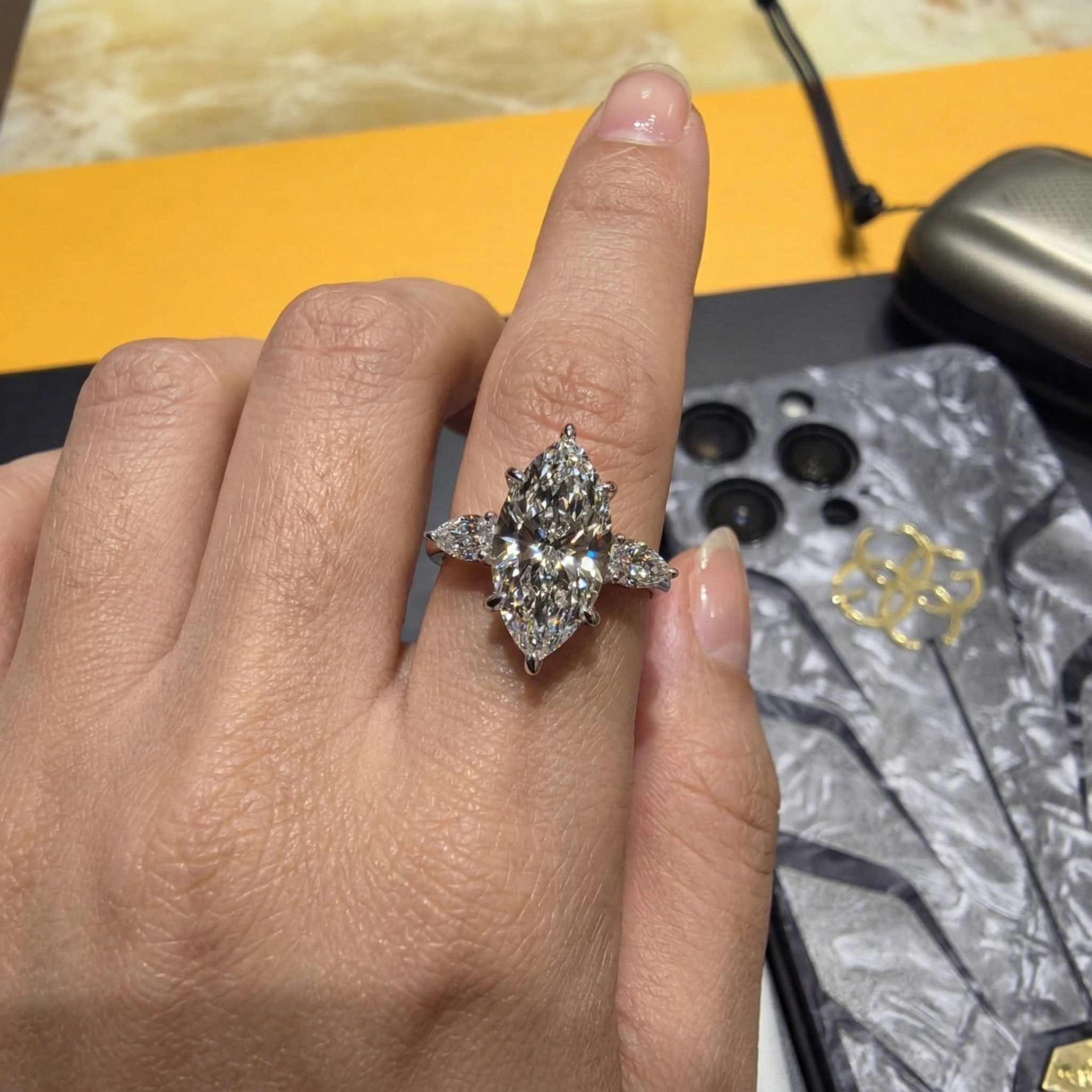 2.80 CT Marquise & Pear Three-Stone Diamond Ring | Platinum 950 view 6