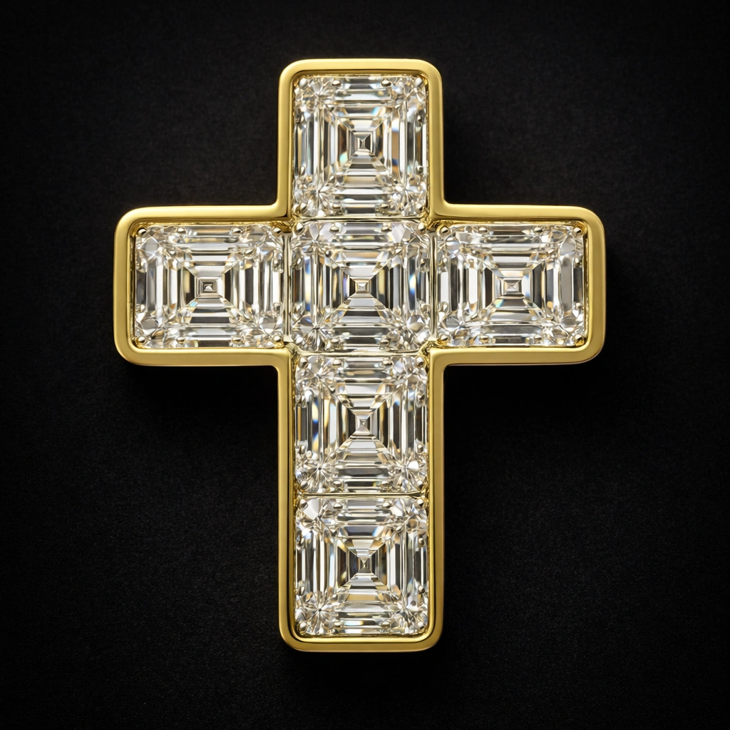 3.00 CT Asscher Cut Diamond Cross Pendant in Gold