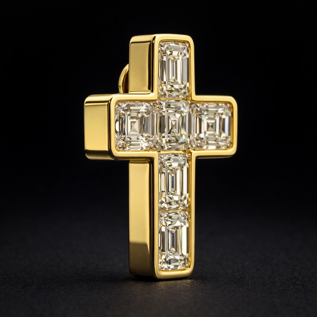 3.00 CT Asscher Cut Diamond Cross Pendant in Gold view 3
