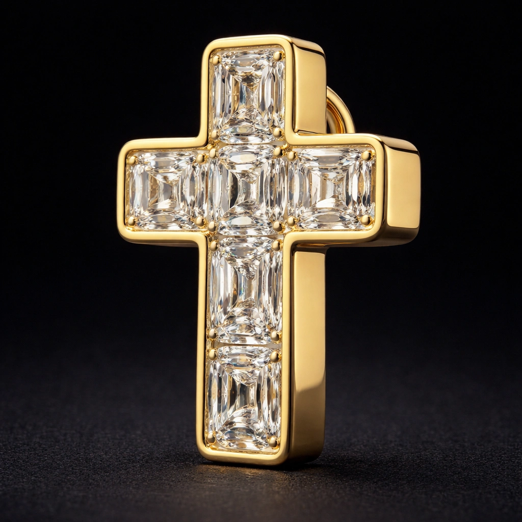 3.00 CT Asscher Cut Diamond Cross Pendant in Gold view 4