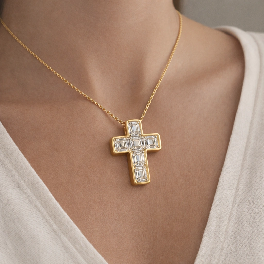 3.00 CT Asscher Cut Diamond Cross Pendant in Gold view 5