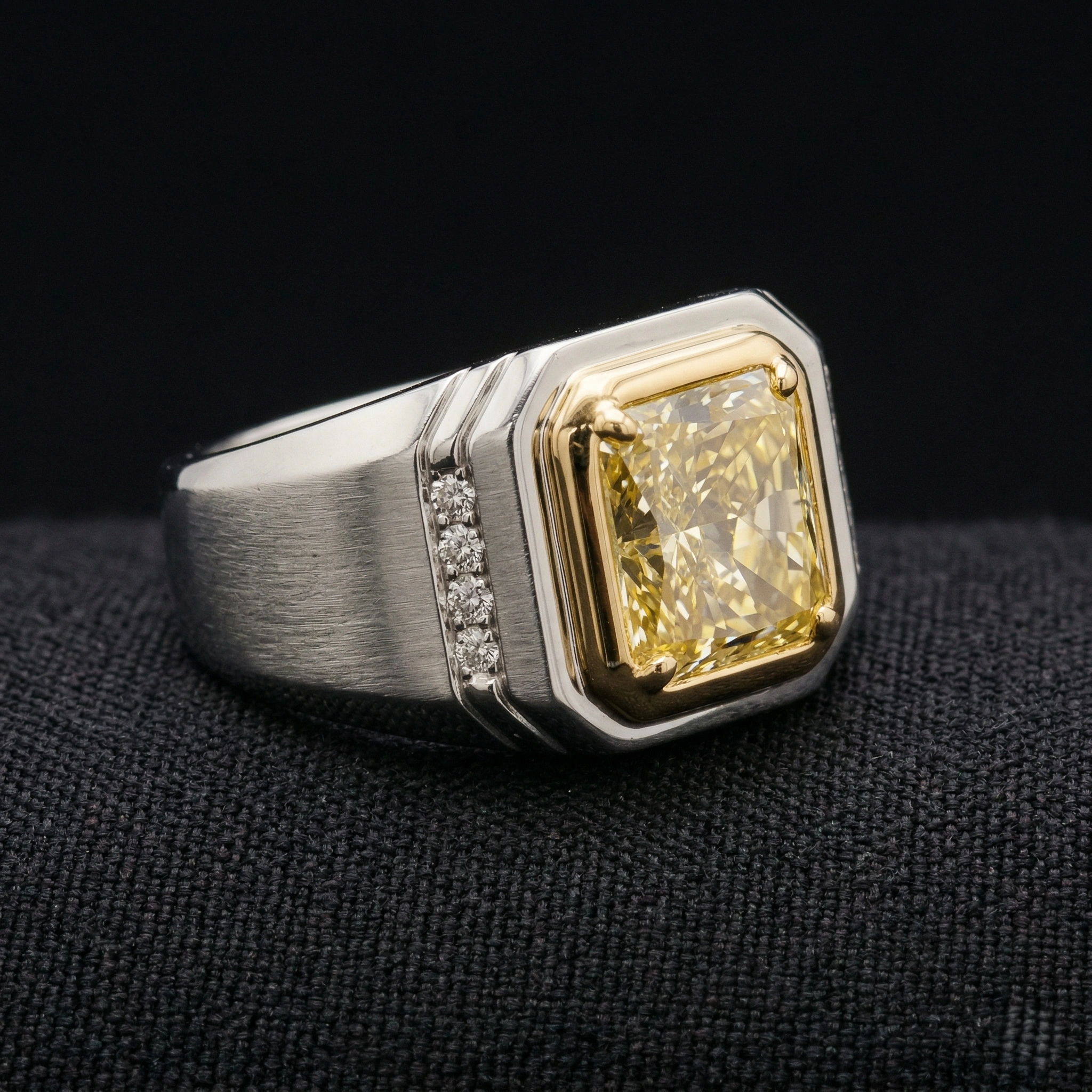 3.10 CT Fancy Yellow Radiant Diamond Men's Ring | Platinum 950 & 18KT Gold view 3