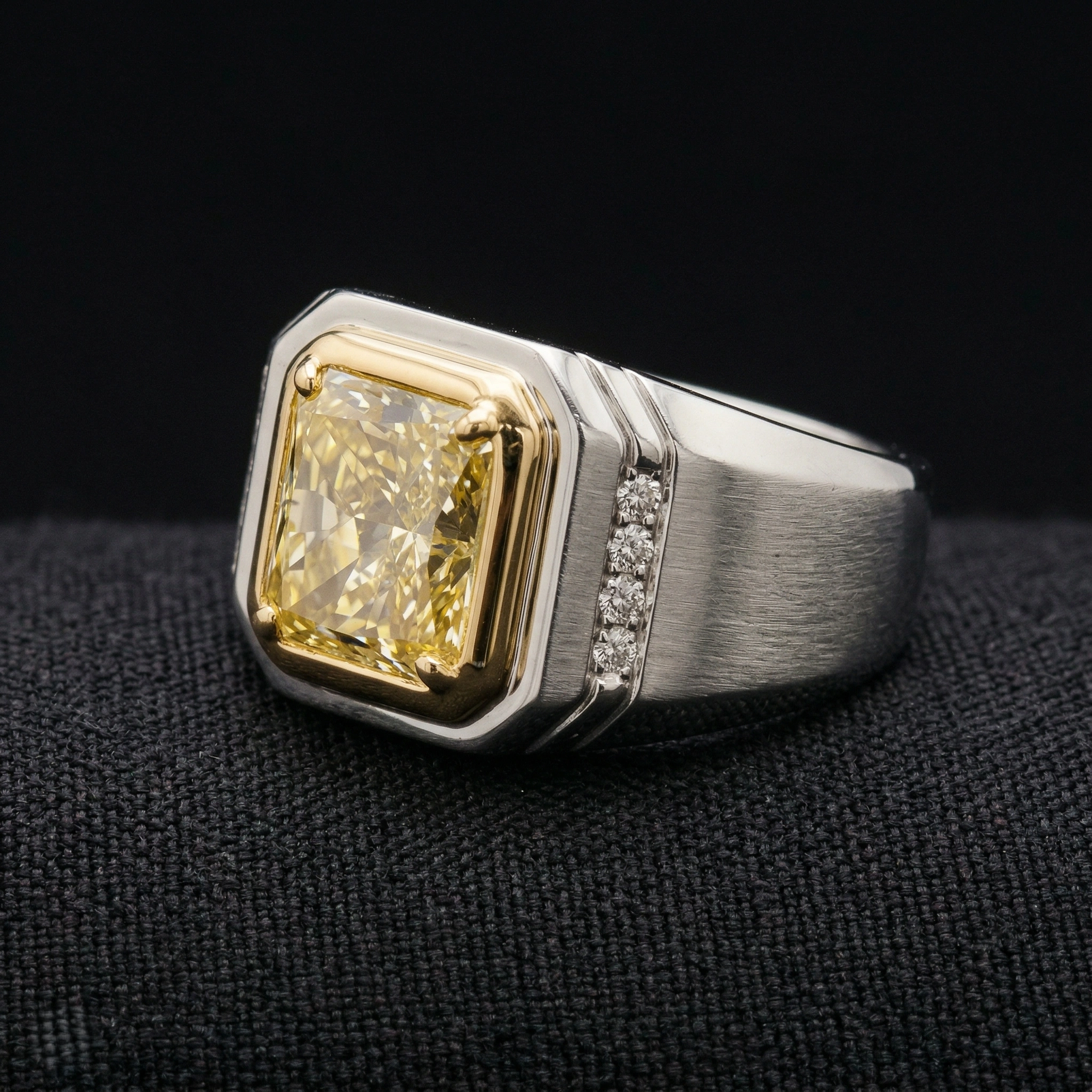 3.10 CT Fancy Yellow Radiant Diamond Men's Ring | Platinum 950 & 18KT Gold view 4