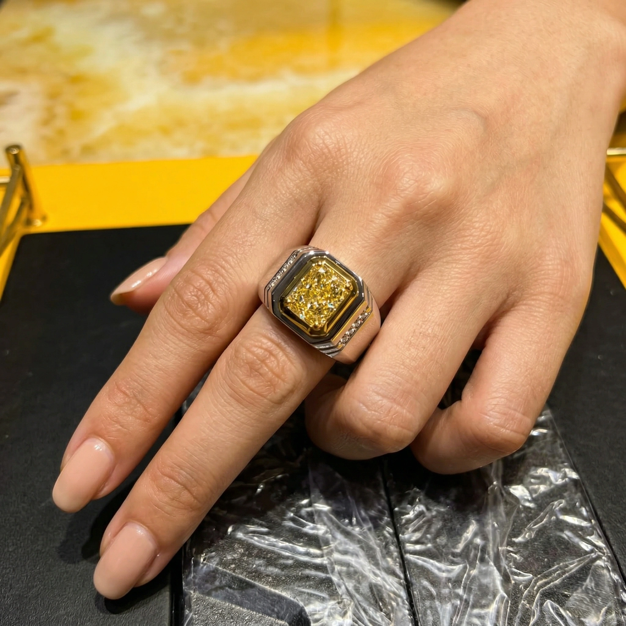 3.10 CT Fancy Yellow Radiant Diamond Men's Ring | Platinum 950 & 18KT Gold view 5