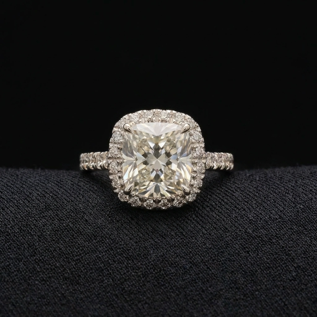 3.65 CT Cushion Cut Halo Diamond Ring with Pavé Band | Platinum 950