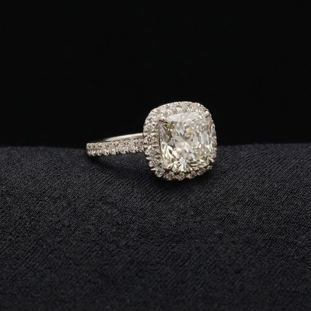 3.65 CT Cushion Cut Halo Diamond Ring with Pavé Band | Platinum 950 view 3