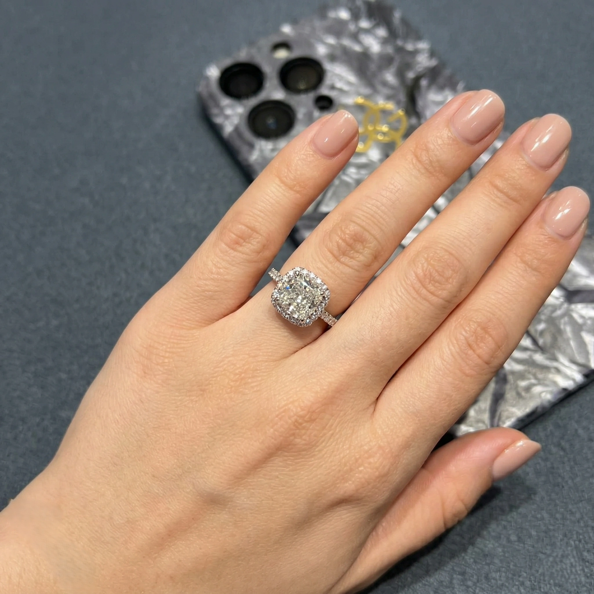 3.65 CT Cushion Cut Halo Diamond Ring with Pavé Band | Platinum 950 view 5