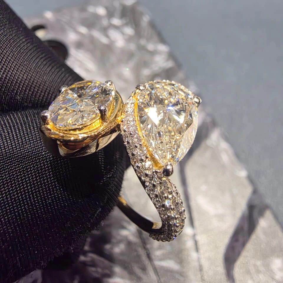 4.42 CT Pear & Oval Diamond Bypass Ring in 14K Yellow Gold view 4