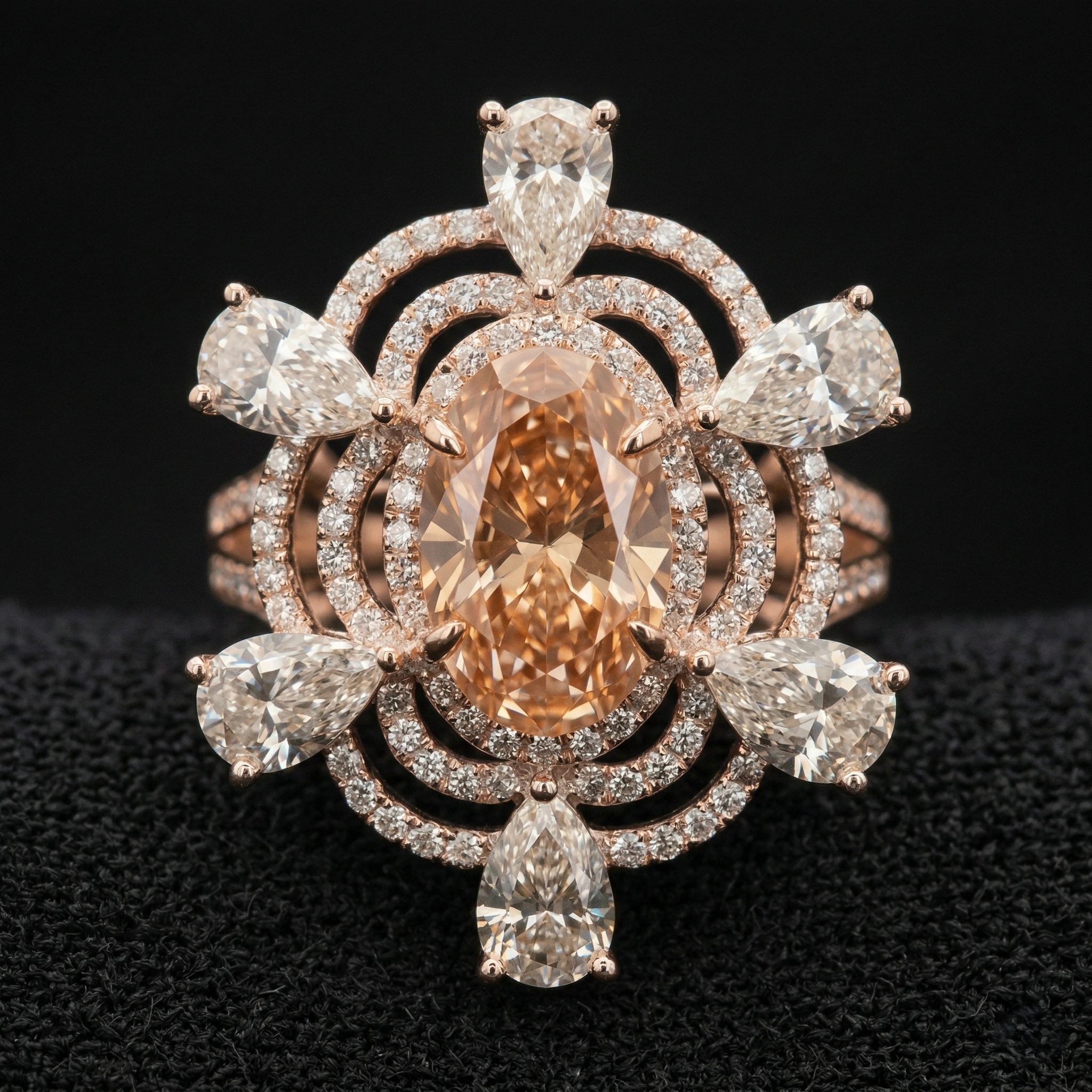 6 CT Fancy Champagne Oval Diamond Floral Halo Ring |14KT Rose Gold