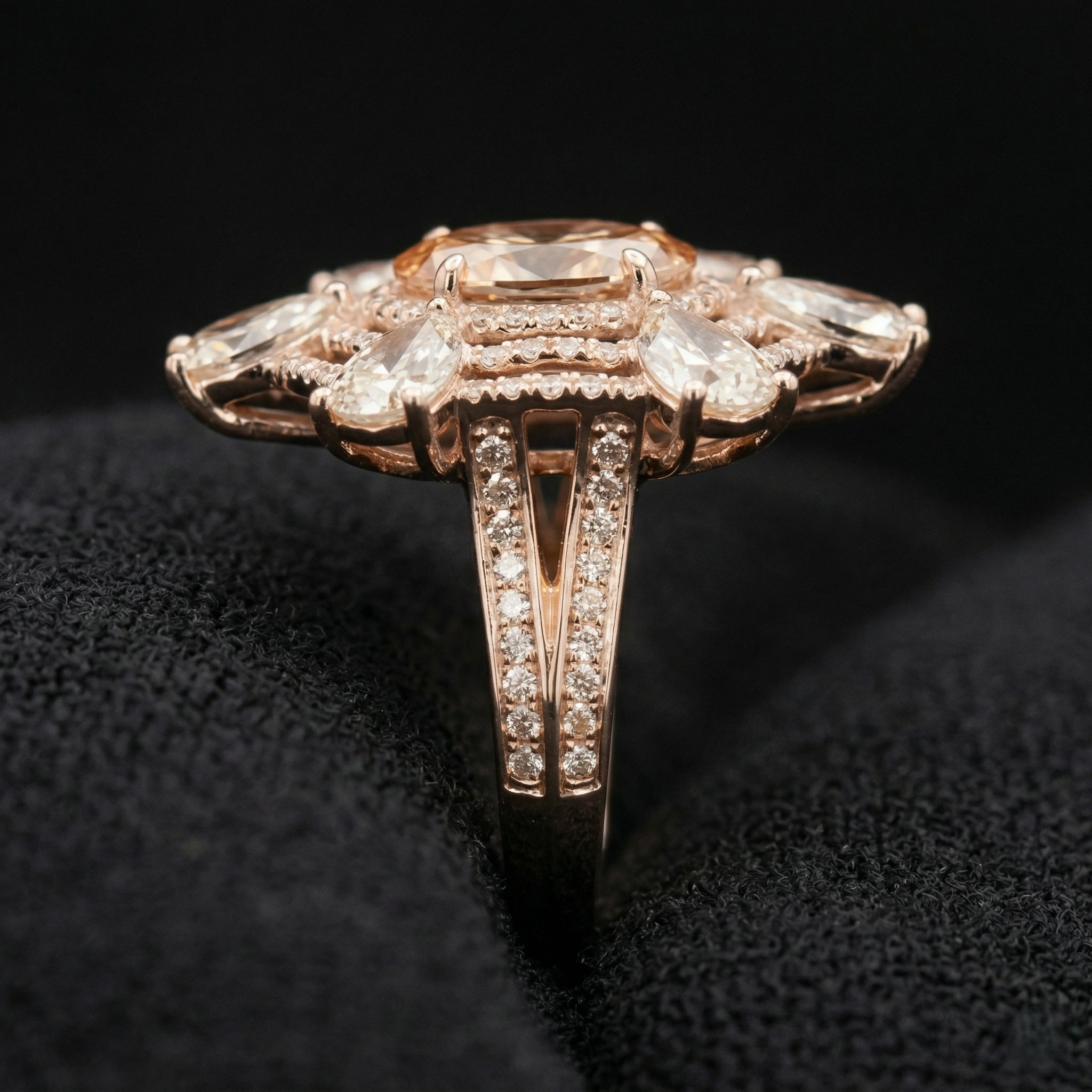 6 CT Fancy Champagne Oval Diamond Floral Halo Ring |14KT Rose Gold view 3